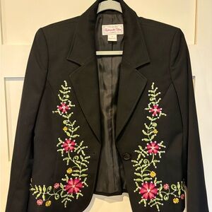 Pandhandle Slim vintage Black Blazer with Pink & Green Floral Embroidery size 6